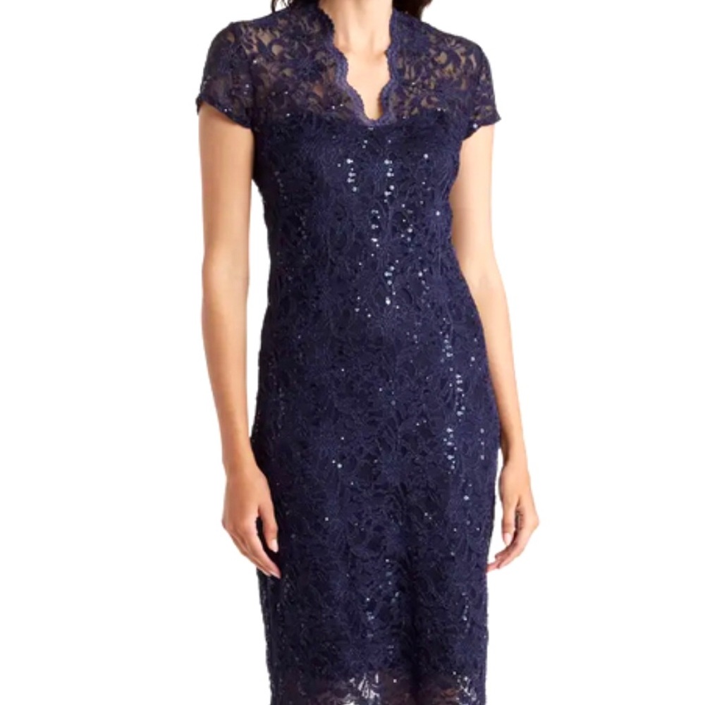 MARINA Blue Sheath Midi Dress Sweetheart Neckline